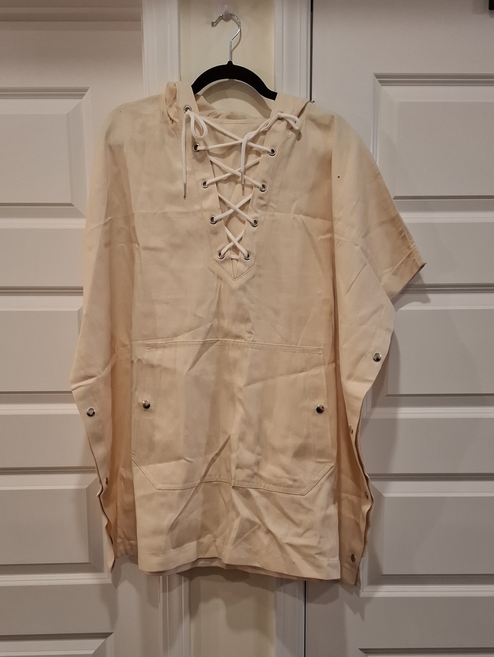 New J. Crew Collection Snap Button Tie Neck Hooded Poncho Size S/M (flaw)